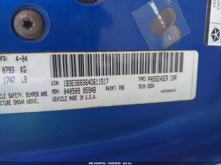 2004 Dodge Srt4 VIN: 1B3ES66S64D611517 Lot: 43400784