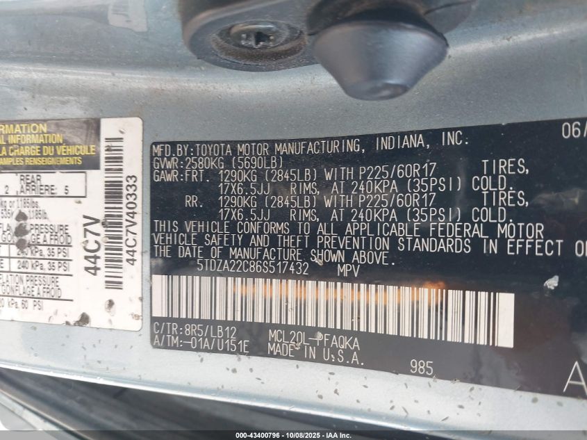 2006 Toyota Sienna Xle VIN: 5TDZA22C86S517432 Lot: 43400796