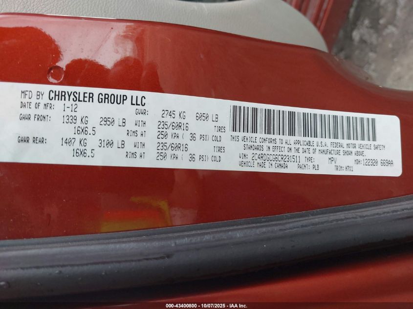 2012 Dodge Grand Caravan Sxt VIN: 2C4RDGCG6CR231511 Lot: 43400800