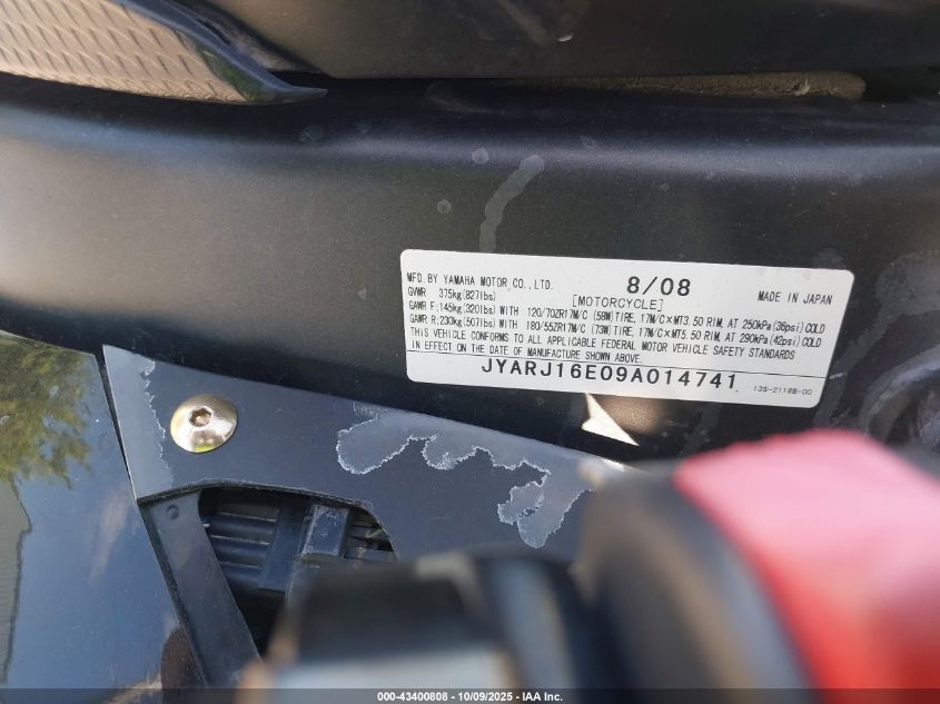 2009 Yamaha Yzfr6 VIN: JYARJ16E09A014741 Lot: 43400808