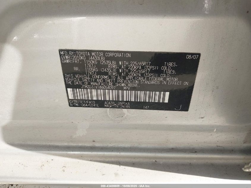 2008 Toyota Rav4 Limited VIN: JTMZD31V186054097 Lot: 43400809