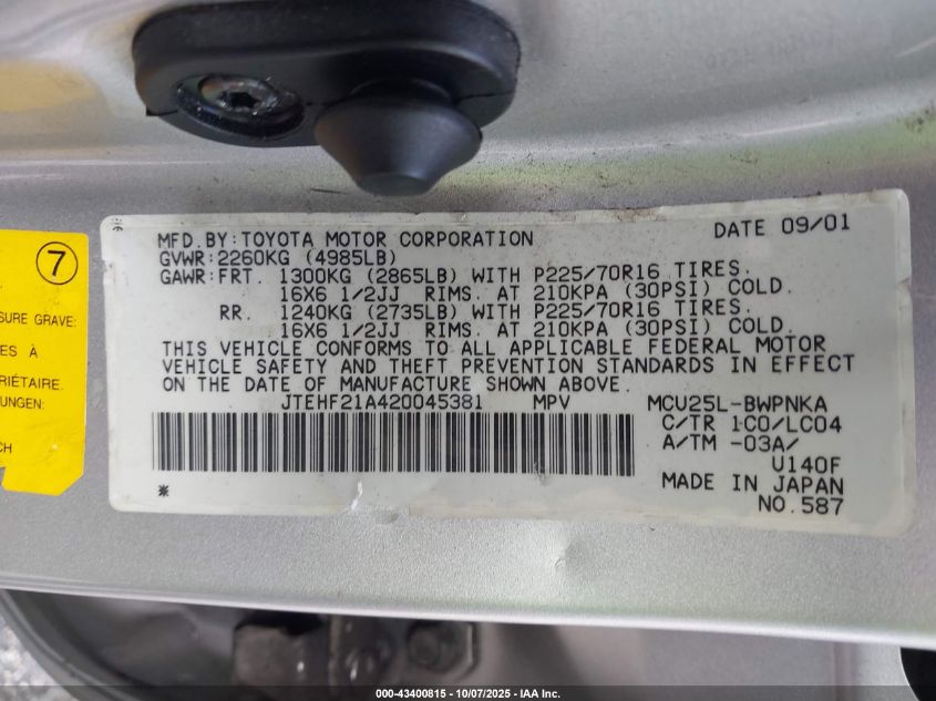 2002 Toyota Highlander Limited V6 VIN: JTEHF21A420045381 Lot: 43400815