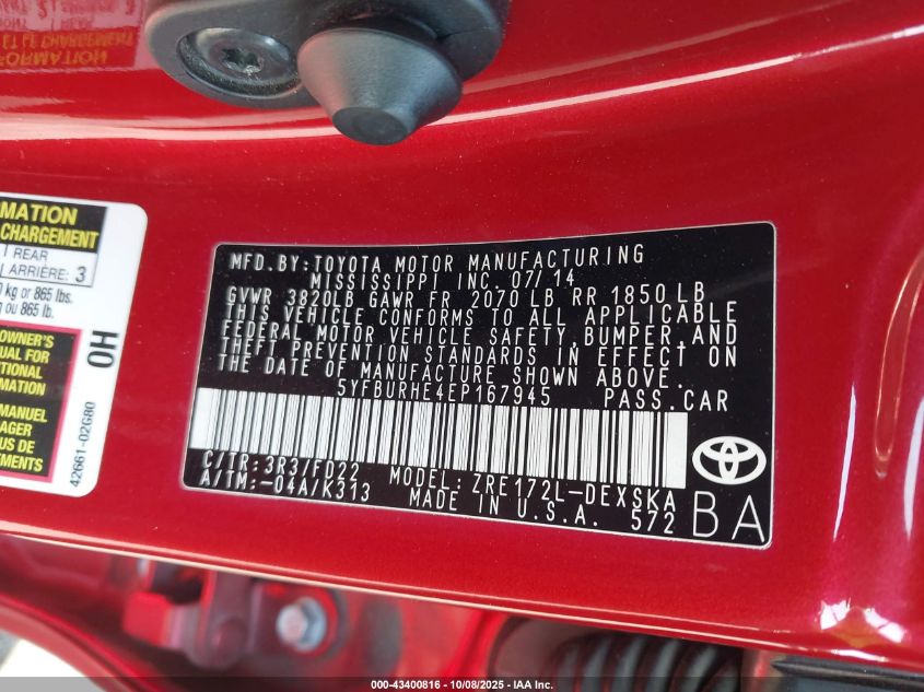 2014 Toyota Corolla S Plus VIN: 5YFBURHE4EP167945 Lot: 43400816