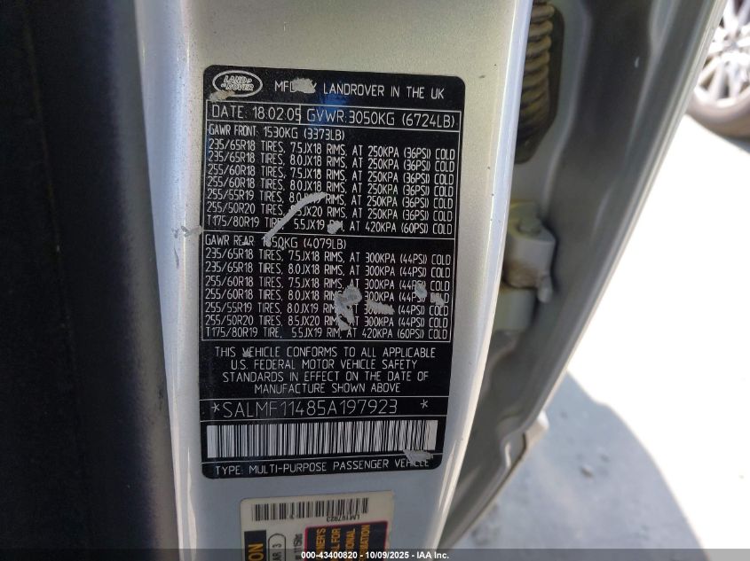 2005 Land Rover Range Rover Hse VIN: SALMF11485A197923 Lot: 43400820