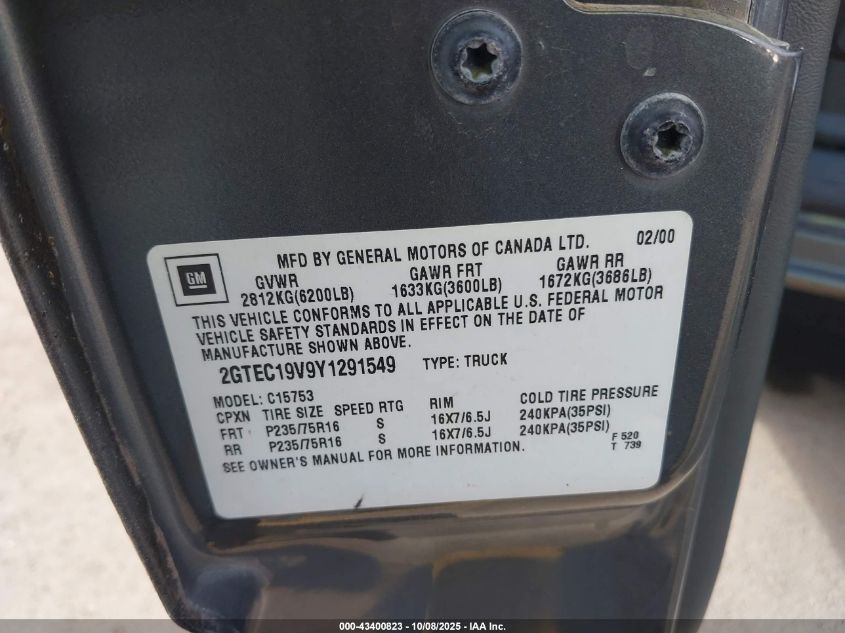 2000 GMC Sierra 1500 Sle VIN: 2GTEC19V9Y1291549 Lot: 43400823