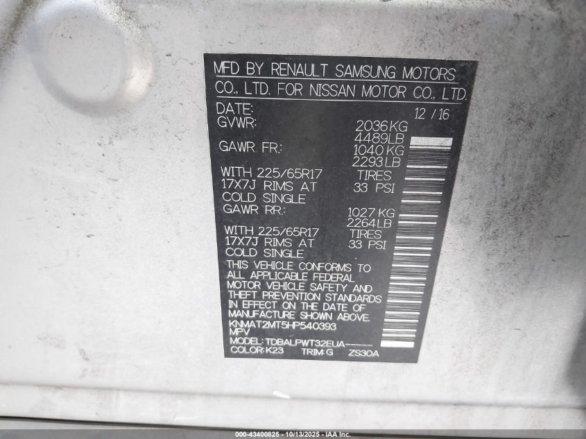 2017 Nissan Rogue S VIN: KNMAT2MT5HP540393 Lot: 43400825