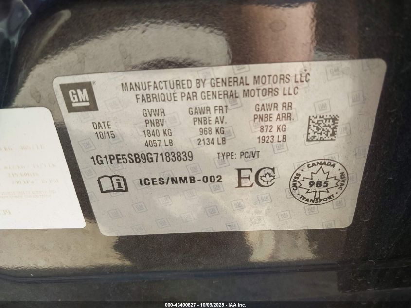 2016 Chevrolet Cruze Limited 1Lt Auto VIN: 1G1PE5SB9G7183839 Lot: 43400827