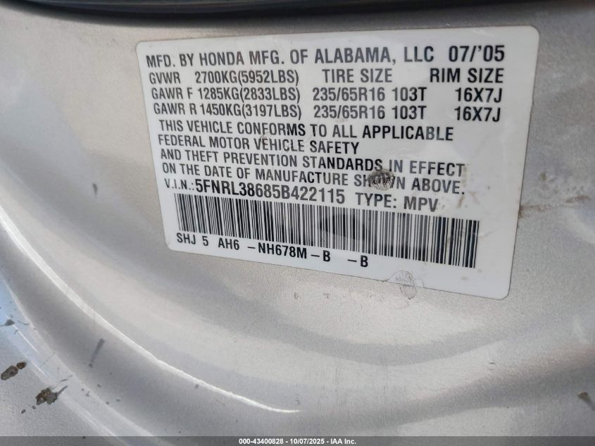 2005 Honda Odyssey Ex-L VIN: 5FNRL38685B422115 Lot: 43400828