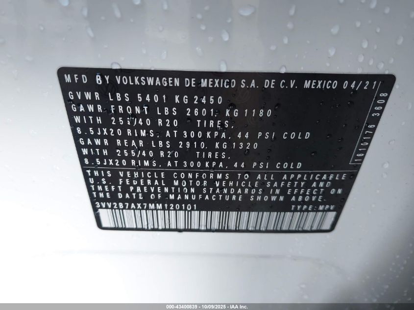 2021 Volkswagen Tiguan 2.0T Se/2.0T Se R-Line Black/2.0T Sel VIN: 3VV2B7AX7MM120101 Lot: 43400839