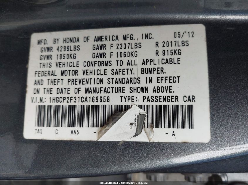 2012 Honda Accord 2.4 Lx VIN: 1HGCP2F31CA169658 Lot: 43400841