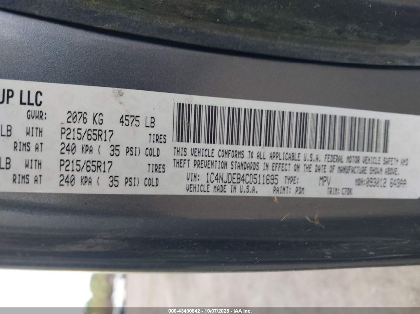 2012 Jeep Compass Latitude VIN: 1C4NJDEB4CD511695 Lot: 43400842