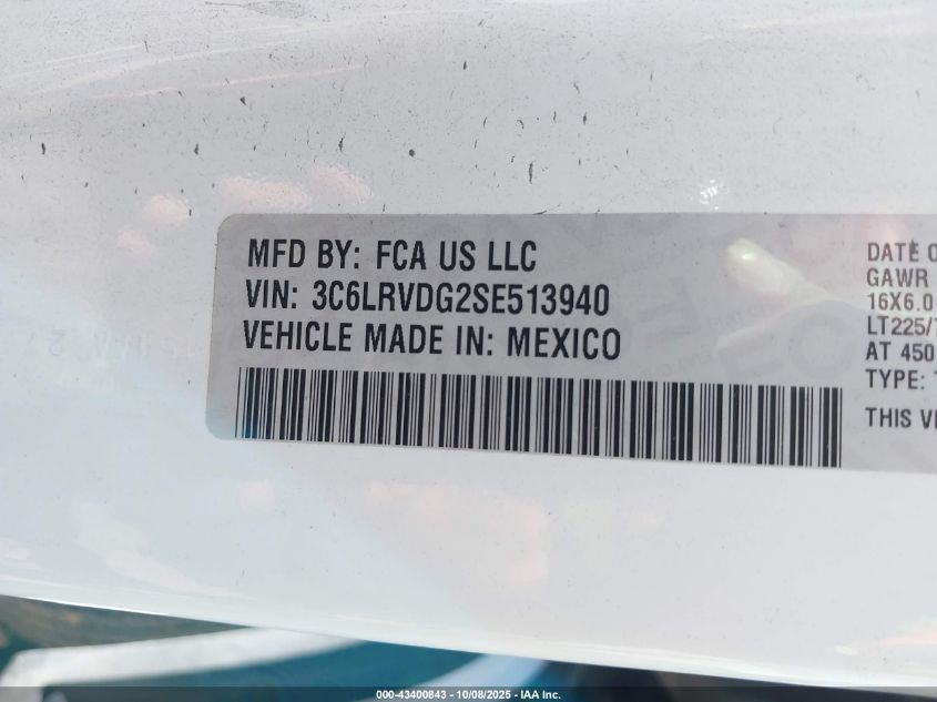 2025 Ram Promaster 2500 Tradesman High Roof 159 Wb W/Pass Seat VIN: 3C6LRVDG2SE513940 Lot: 43400843