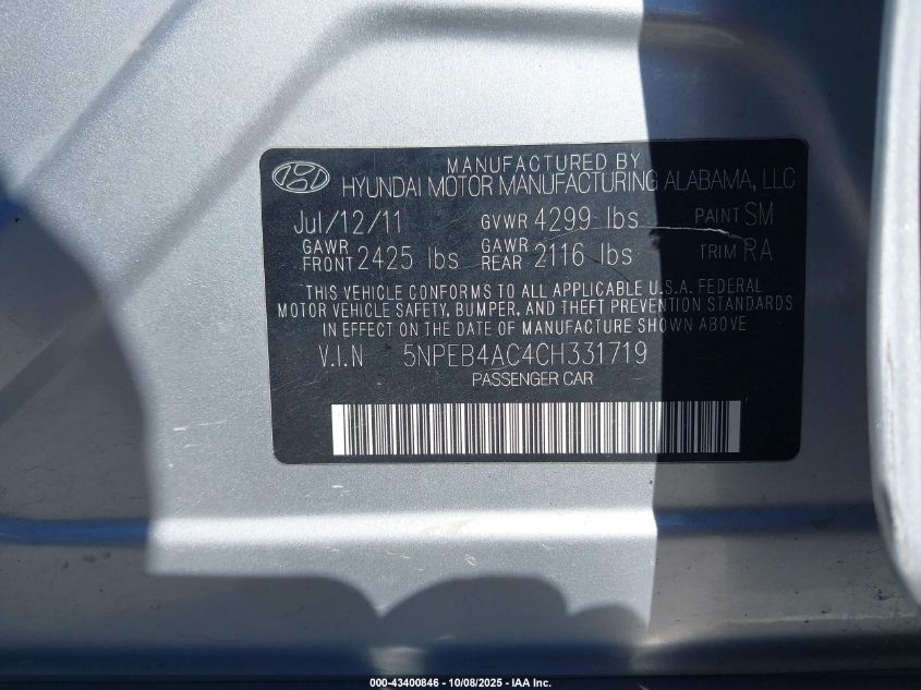 2012 Hyundai Sonata Gls VIN: 5NPEB4AC4CH331719 Lot: 43400846