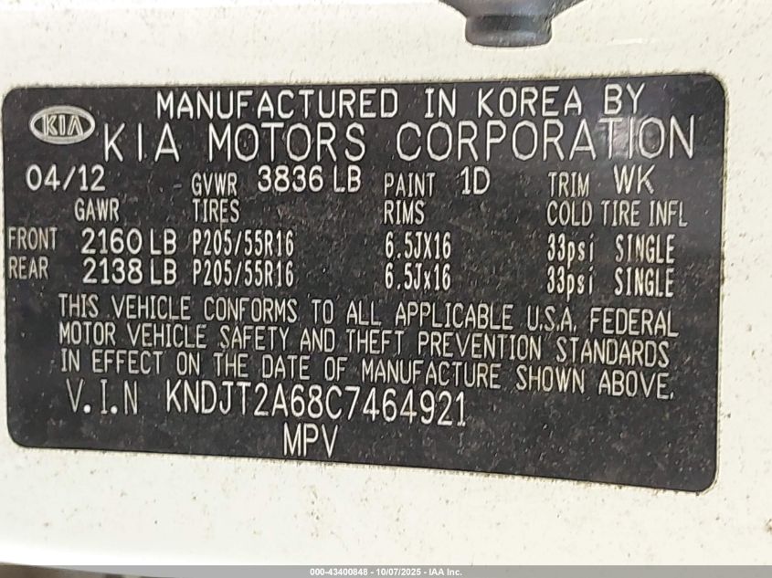 2012 Kia Soul + VIN: KNDJT2A68C7464921 Lot: 43400848