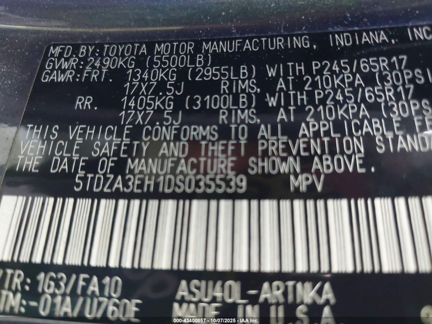 2013 Toyota Highlander Base Plus VIN: 5TDZA3EH1DS035539 Lot: 43400857