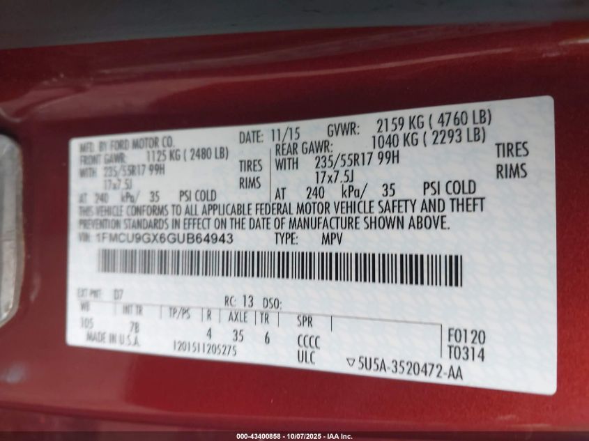 2016 Ford Escape Se VIN: 1FMCU9GX6GUB64943 Lot: 43400858