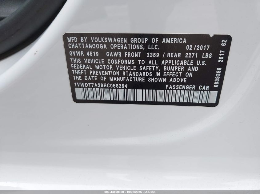 2017 Volkswagen Passat 1.8T R-Line VIN: 1VWDT7A39HC058254 Lot: 43400860