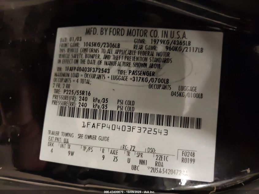 2003 Ford Mustang VIN: 1FAFP40403F372543 Lot: 43400870