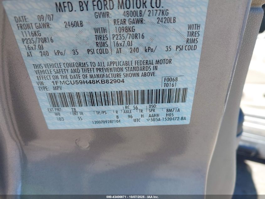 2008 Ford Escape Hybrid VIN: 1FMCU59H48KB82904 Lot: 43400871