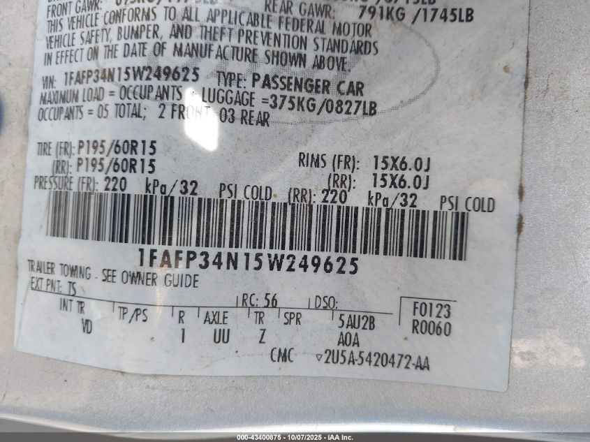 2005 Ford Focus Zx4 VIN: 1FAFP34N15W249625 Lot: 43400875