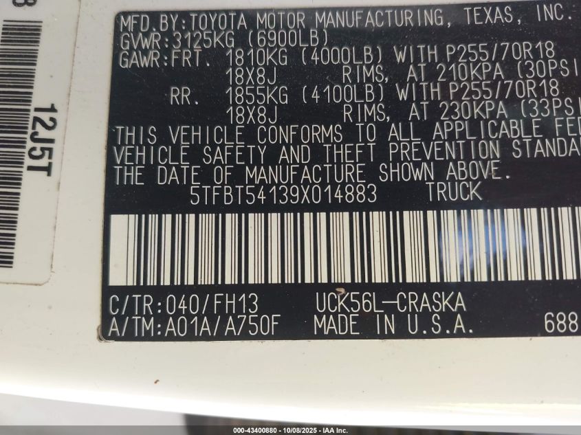 2009 Toyota Tundra Sr5 4.7L V8 VIN: 5TFBT54139X014883 Lot: 43400880