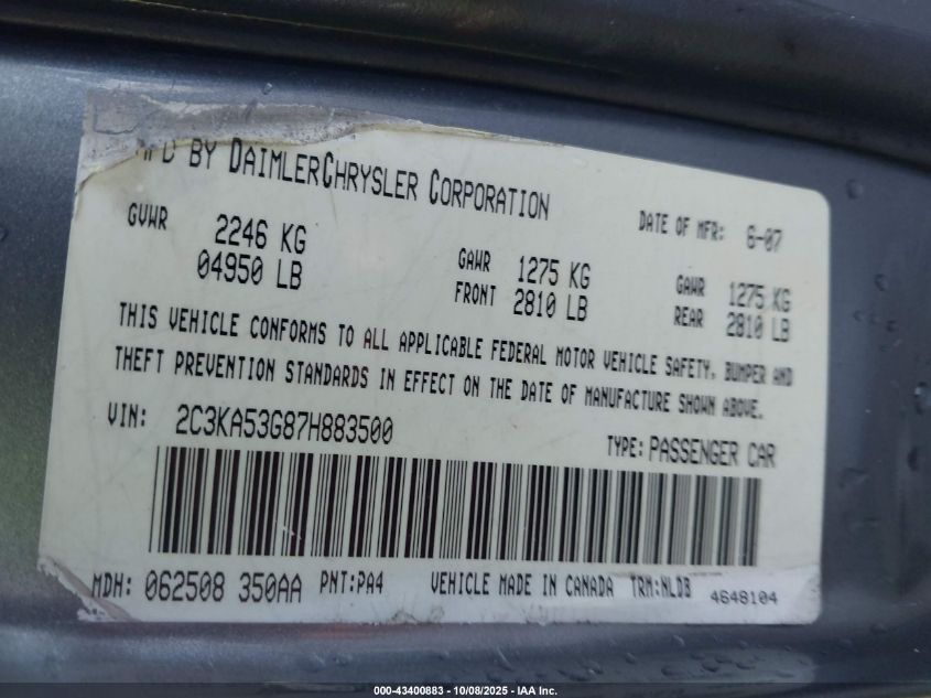 2007 Chrysler 300 Touring VIN: 2C3KA53G87H883500 Lot: 43400883