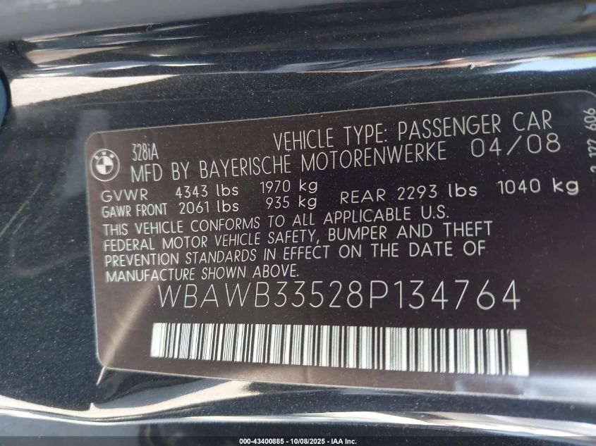 2008 BMW 328I VIN: WBAWB33528P134764 Lot: 43400885
