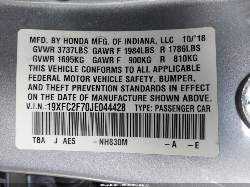 2018 Honda Civic Ex VIN: 19XFC2F70JE044428 Lot: 43400886
