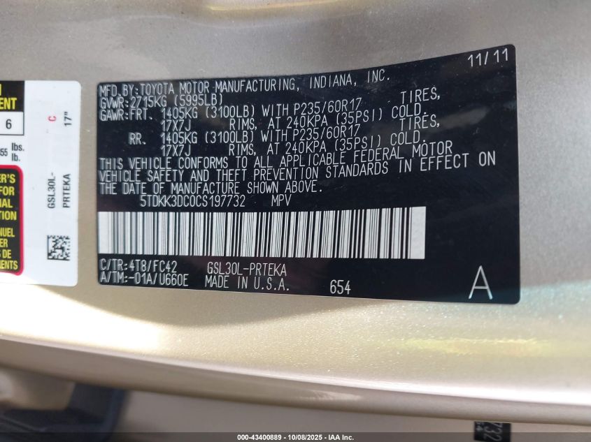 2012 Toyota Sienna Le V6 8 Passenger VIN: 5TDKK3DC0CS197732 Lot: 43400889