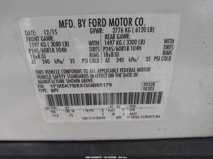 2016 Ford Explorer VIN: 1FM5K7B8XGGB85179 Lot: 43400910