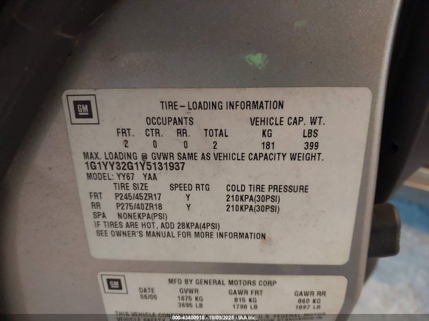 2000 Chevrolet Corvette VIN: 1G1YY32G1Y5131937 Lot: 43400918