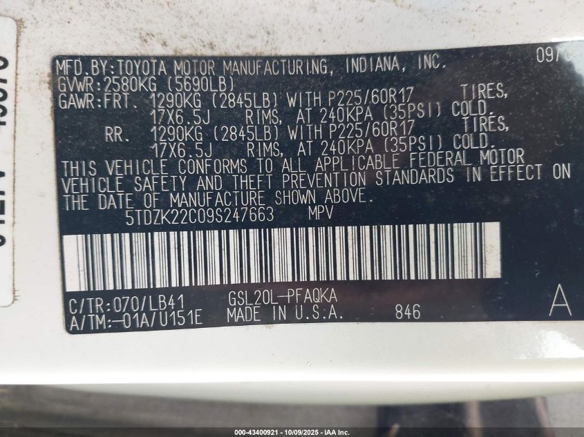 2009 Toyota Sienna Xle VIN: 5TDZK22C09S247663 Lot: 43400921