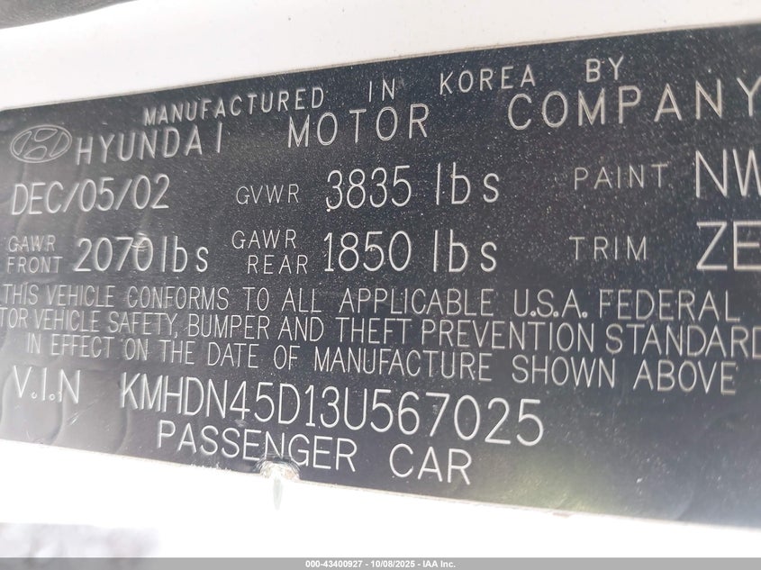 2003 Hyundai Elantra Gls/Gt VIN: KMHDN45D13U567025 Lot: 43400927