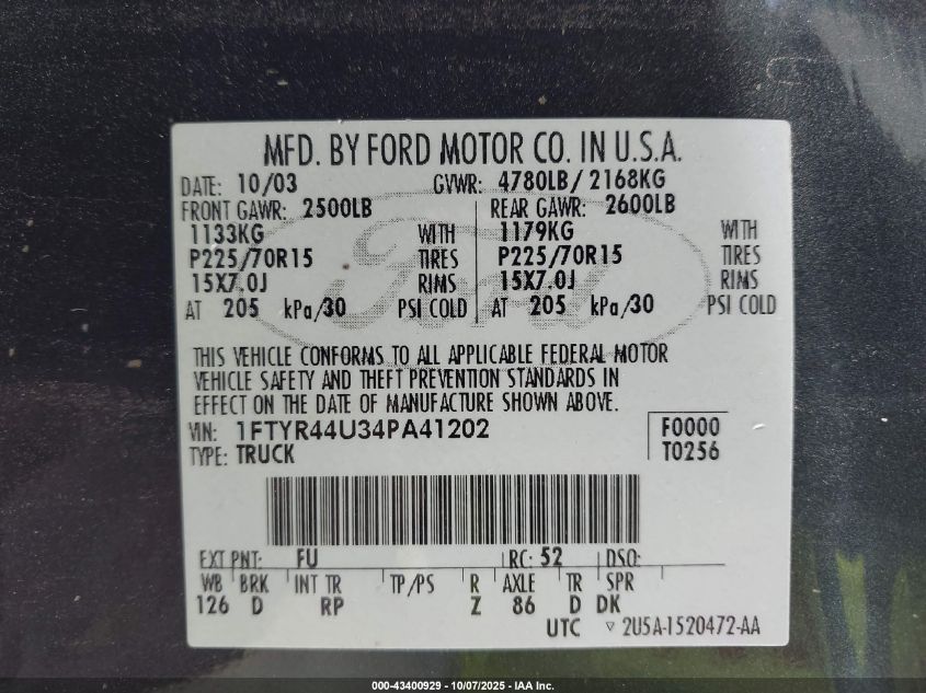 2004 Ford Ranger Edge/Tremor/Xlt VIN: 1FTYR44U34PA41202 Lot: 43400929