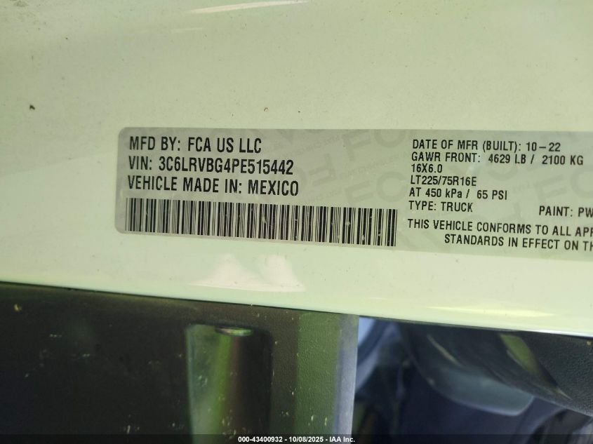 2023 Ram Promaster 1500 High Roof 136 Wb VIN: 3C6LRVBG4PE515442 Lot: 43400932