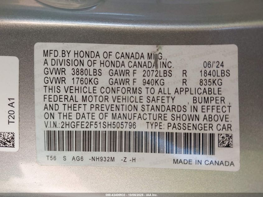 2025 Honda Civic Sport VIN: 2HGFE2F51S8505796 Lot: 43400933