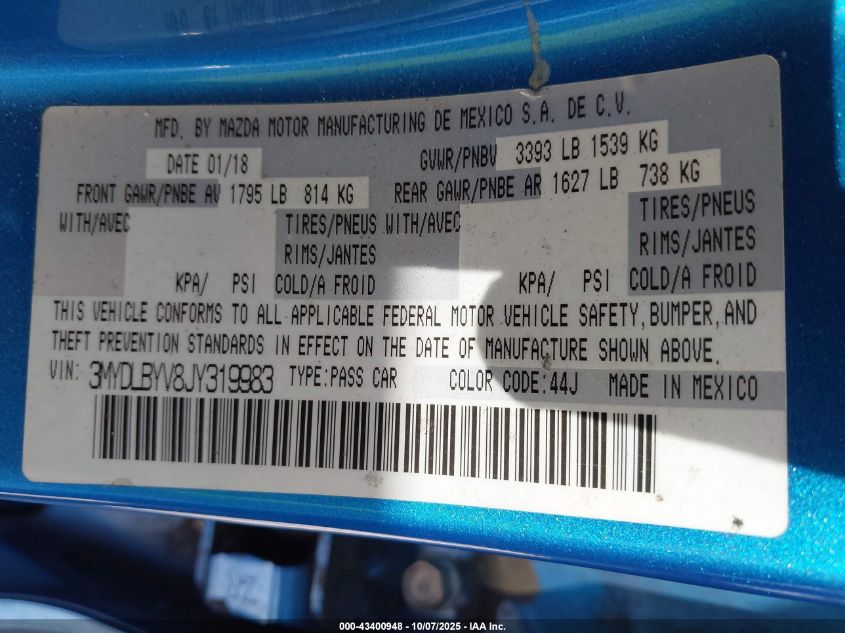 2018 Toyota Yaris Ia VIN: 3MYDLBYV8JY319983 Lot: 43400948