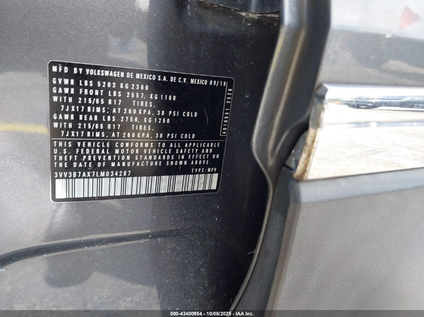 2020 Volkswagen Tiguan 2.0T Se/2.0T Se R-Line Black/2.0T Sel VIN: 3VV3B7AX7LM034287 Lot: 43400954