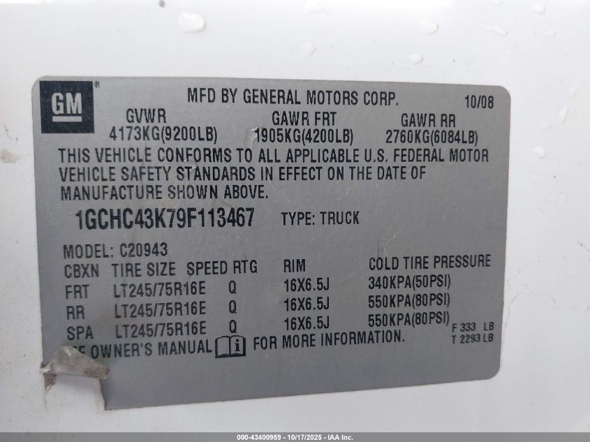 2009 Chevrolet Silverado 2500Hd Work Truck VIN: 1GCHC43K79F113467 Lot: 43400959