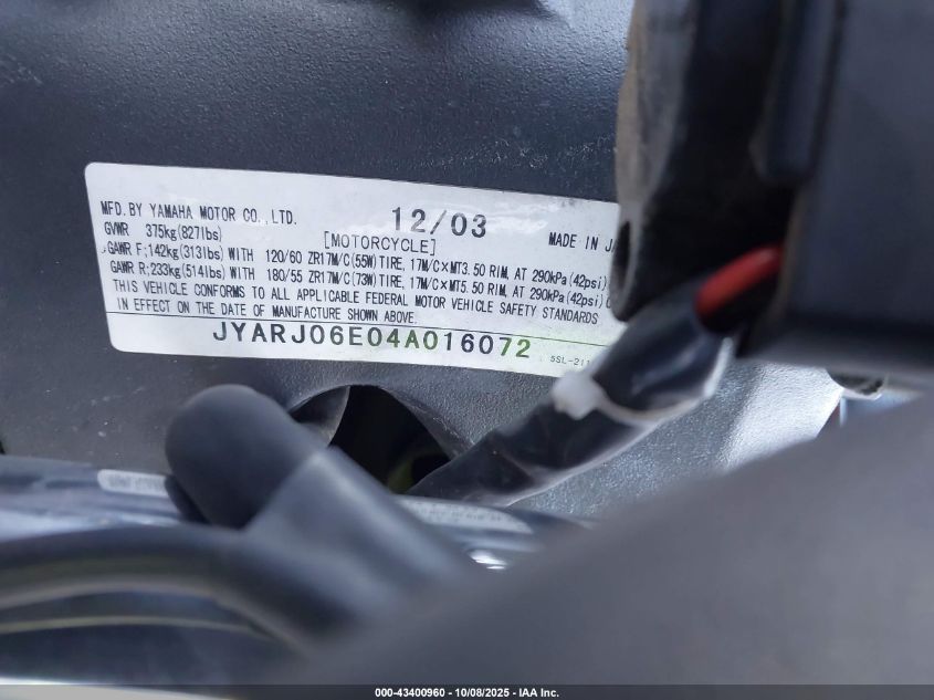 2004 Yamaha Yzfr6 L VIN: JYARJ06E04A016072 Lot: 43400960