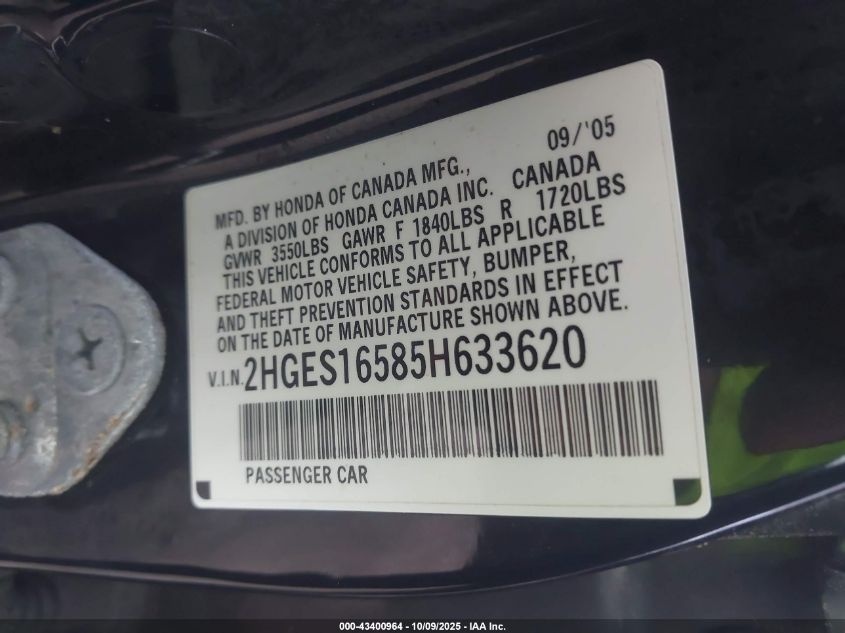 2005 Honda Civic Lx VIN: 2HGES16585H633620 Lot: 43400964
