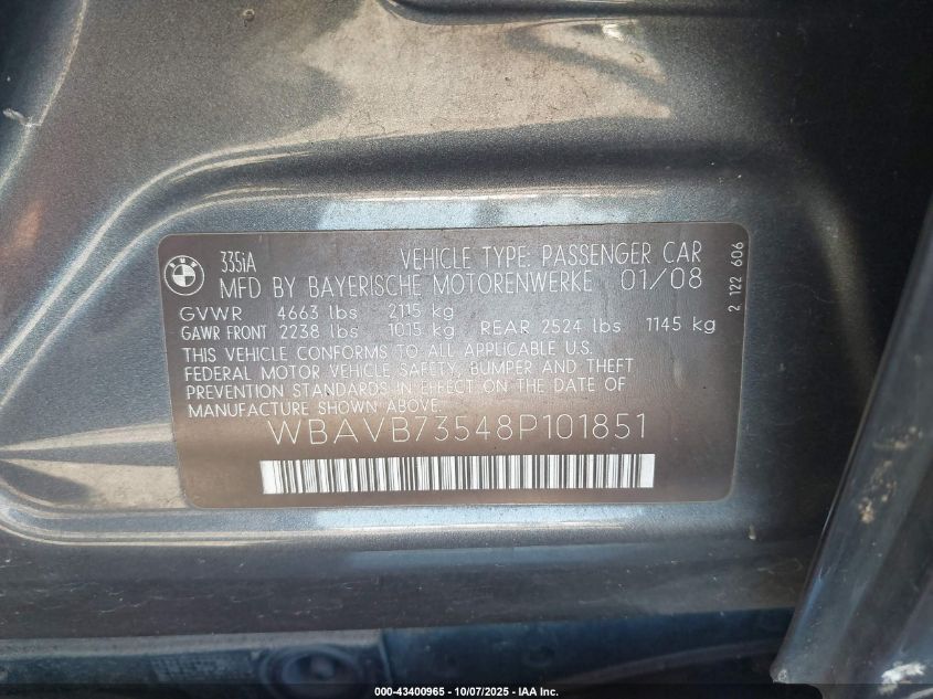 2008 BMW 335I VIN: WBAVB73548P101851 Lot: 43400965