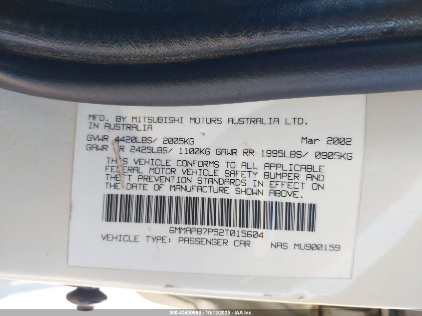 2002 Mitsubishi Diamante Vr-X VIN: 6MMAP87P52T015604 Lot: 43400968