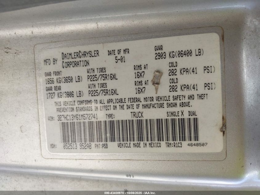 2001 Dodge Ram 1500 St VIN: 3B7HC13Y61M572741 Lot: 43400970