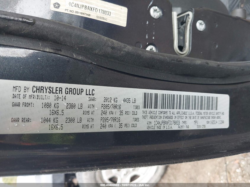 2015 Jeep Patriot Sport VIN: 1C4NJPBAXFD178033 Lot: 43400985