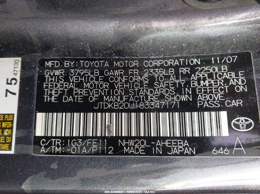 2008 Toyota Prius VIN: JTDKB20U183347171 Lot: 43400987