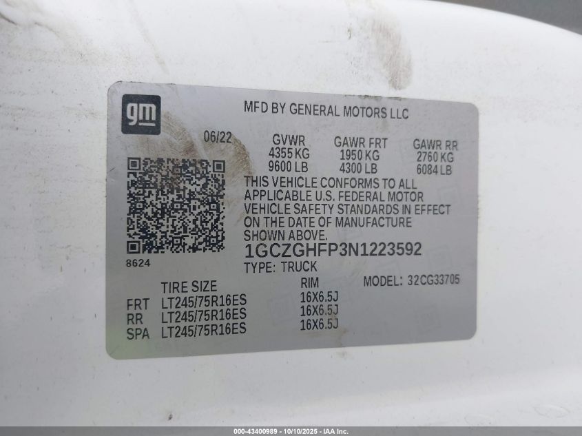 2022 Chevrolet Express Cargo Rwd 3500 Extended Wheelbase Wt VIN: 1GCZGHFP3N1223592 Lot: 43400989