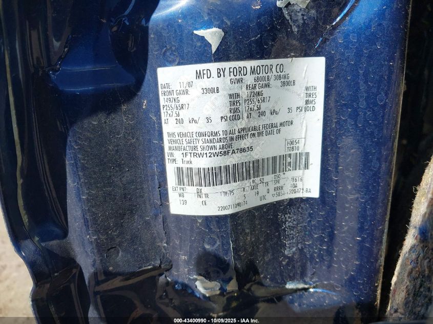 2008 Ford F-150 Xl VIN: 1FTRW12W58FA78635 Lot: 43400990