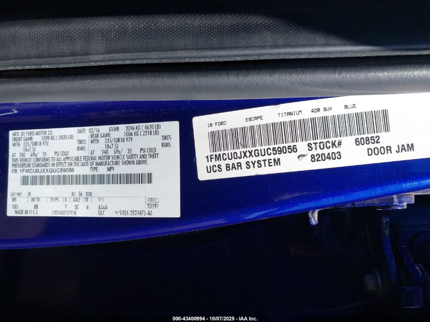 2016 Ford Escape Titanium VIN: 1FMCU0JXXGUC59056 Lot: 43400994