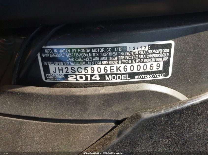 2014 Honda Cbr1000 Rr VIN: JH2SC5906EK600069 Lot: 43401001
